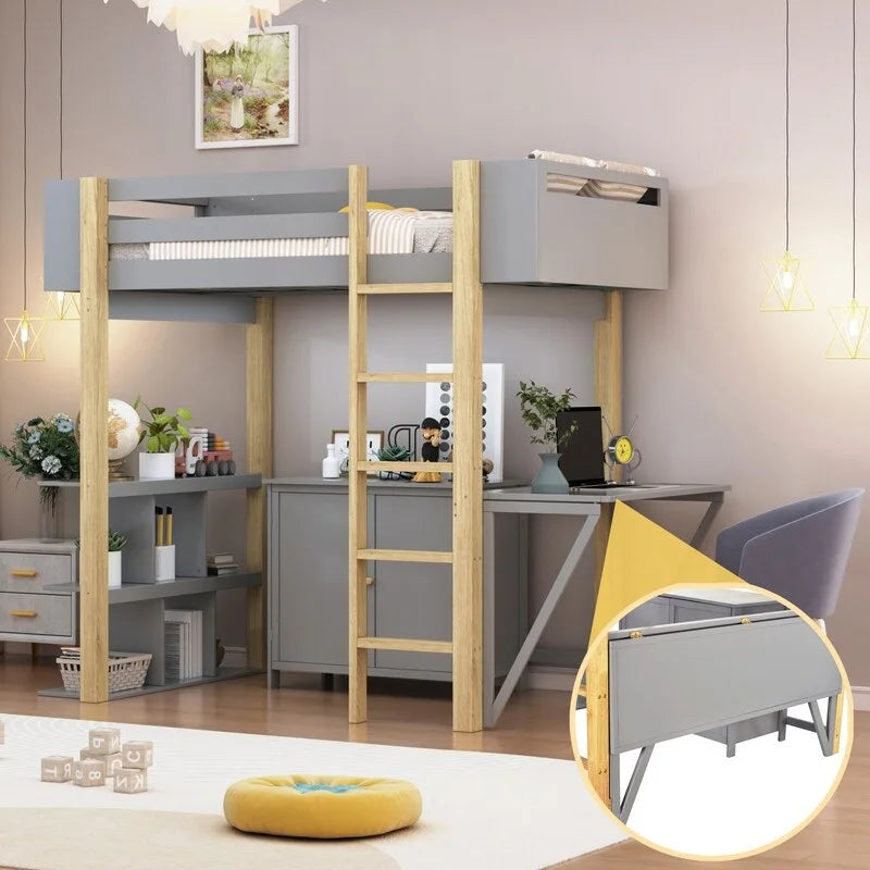 Twin Size Wood Loft Bed With Built-in Storage Cabinet and Shelf, Foldable Desk