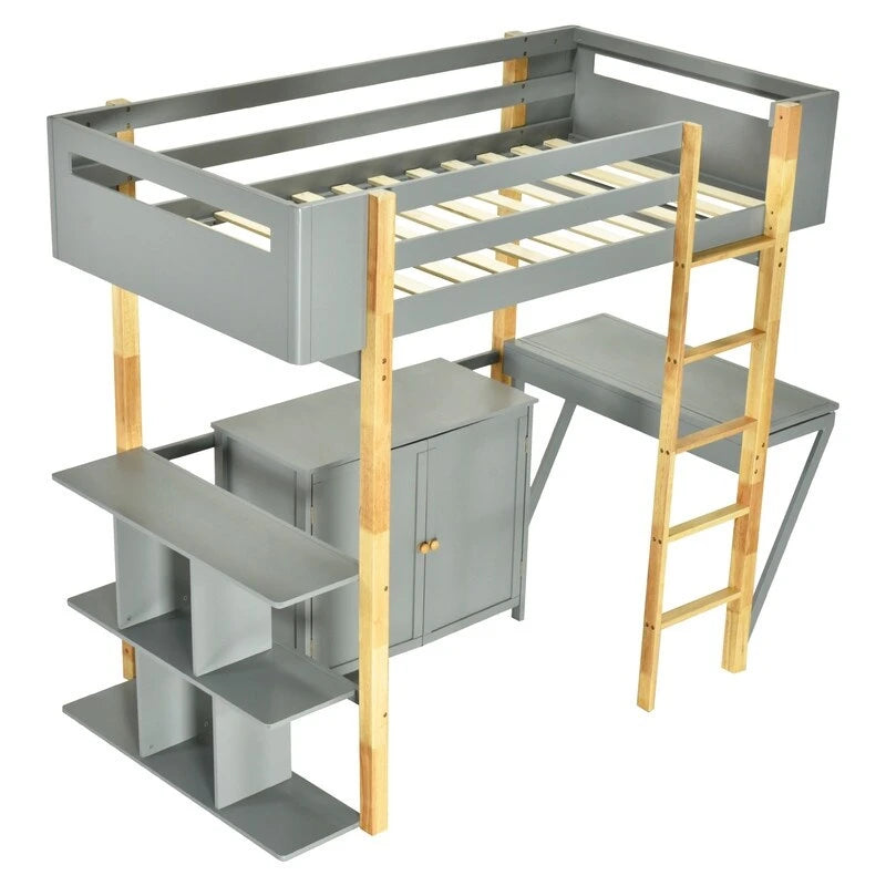 Twin Size Wood Loft Bed With Built-in Storage Cabinet and Shelf, Foldable Desk
