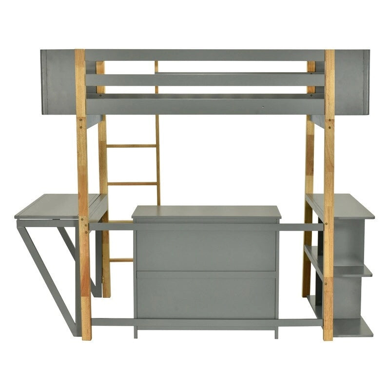 Twin Size Wood Loft Bed With Built-in Storage Cabinet and Shelf, Foldable Desk