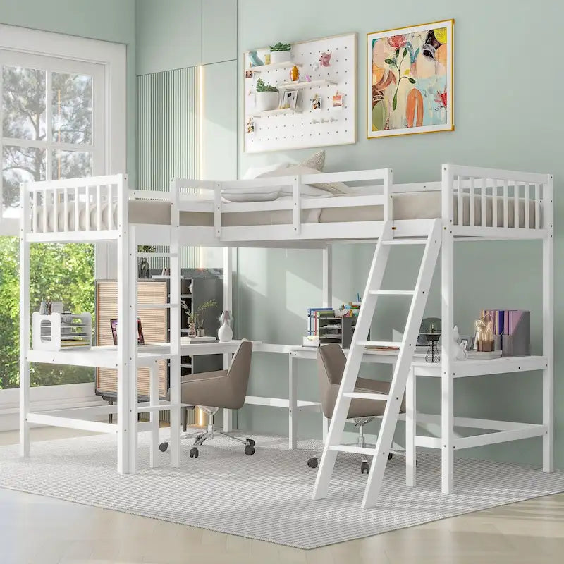 Twin Size L-Shaped Loft Bed with Ladder and 2 Built-in L-Shaped Desks