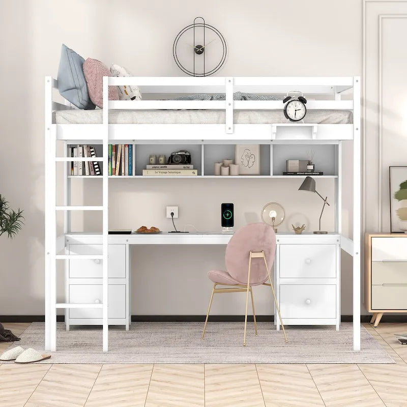 Full Size Wood Loft Bed with Integrated Desk, Storage Cabinets, Drawers, Bedside Tray, and Charging Station