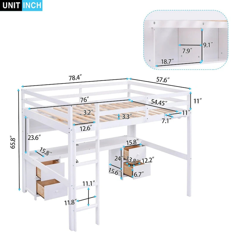 Full Size Wood Loft Bed with Integrated Desk, Storage Cabinets, Drawers, Bedside Tray, and Charging Station