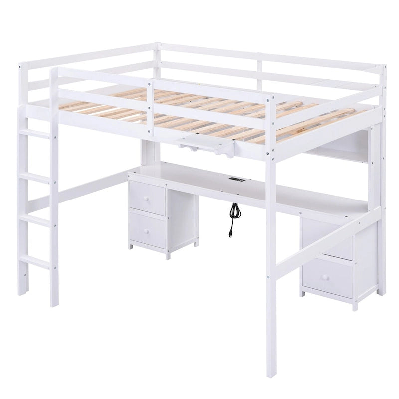 Full Size Wood Loft Bed with Integrated Desk, Storage Cabinets, Drawers, Bedside Tray, and Charging Station