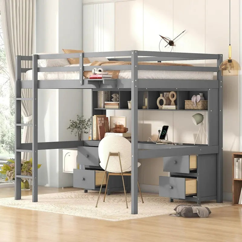 Lit mezzanine en bois 2 places avec bureau intégré, armoires de rangement, tiroirs, tablette de chevet et station de recharge