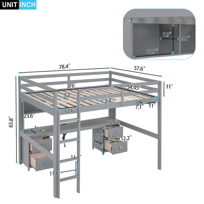 Lit mezzanine en bois 2 places avec bureau intégré, armoires de rangement, tiroirs, tablette de chevet et station de recharge
