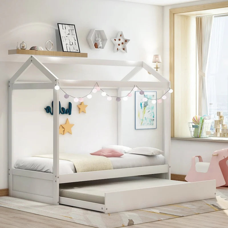 Weißes Hausbett mit Ausziehbett, perfekt fürs Schlafzimmer