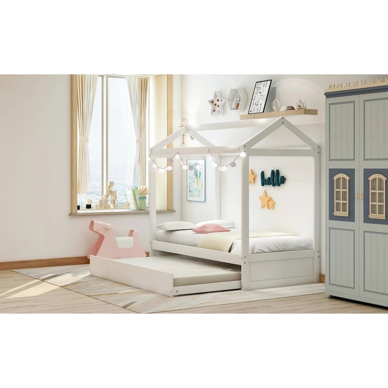 Weißes Hausbett mit Ausziehbett, perfekt fürs Schlafzimmer