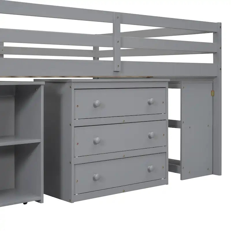 Letto a soppalco Full grigio in legno massello con scrivania estraibile, scala contenitore, cassetti contenitore e ripiani