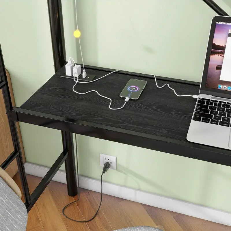 Metal Loft Bed with Desk,Power Outlet and LED Lighted,Twin Size