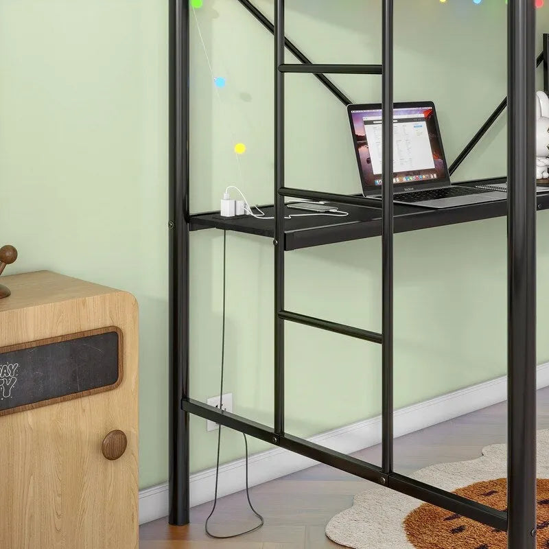 Metal Loft Bed with Desk,Power Outlet and LED Lighted,Twin Size