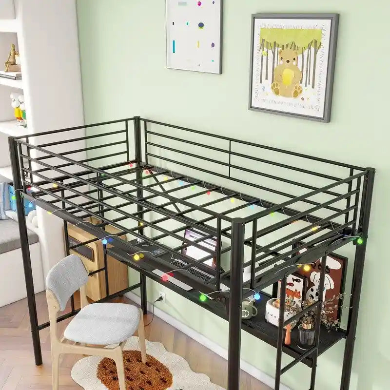 Metal Loft Bed with Desk,Power Outlet and LED Lighted,Twin Size