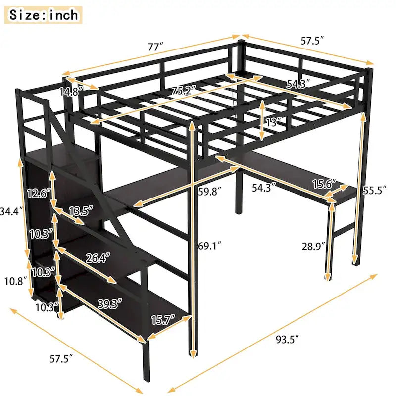 Letto a soppalco moderno con scrivania a L, armadio e porte USB