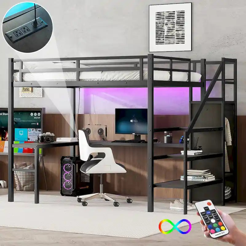 Letto a soppalco moderno con scrivania a L, armadio e porte USB