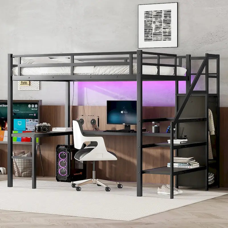 Letto a soppalco moderno con scrivania a L, armadio e porte USB