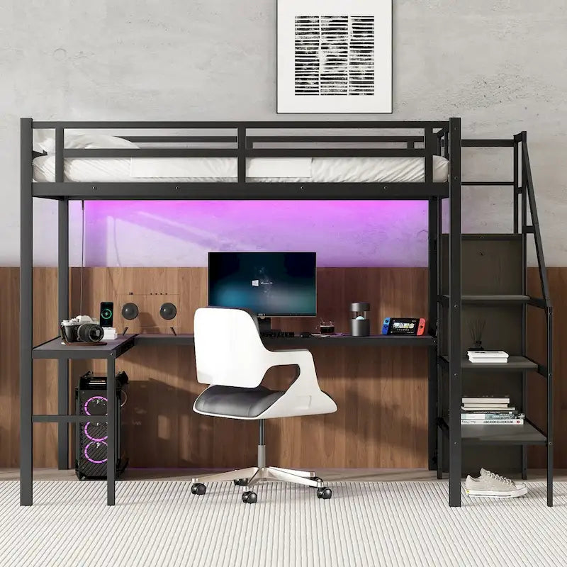 Letto a soppalco moderno con scrivania a L, armadio e porte USB