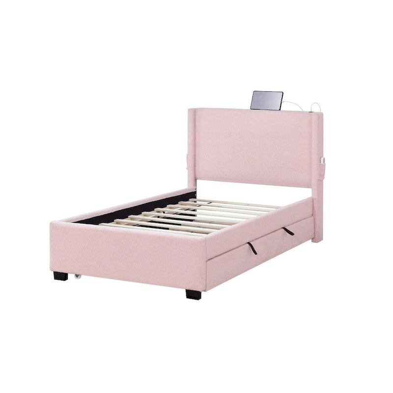 Twin Size Bed Frame With Trundle Bed, Teddy Fabric, Usb Functionality, And A Pocket Design On The Side Of The Headboard