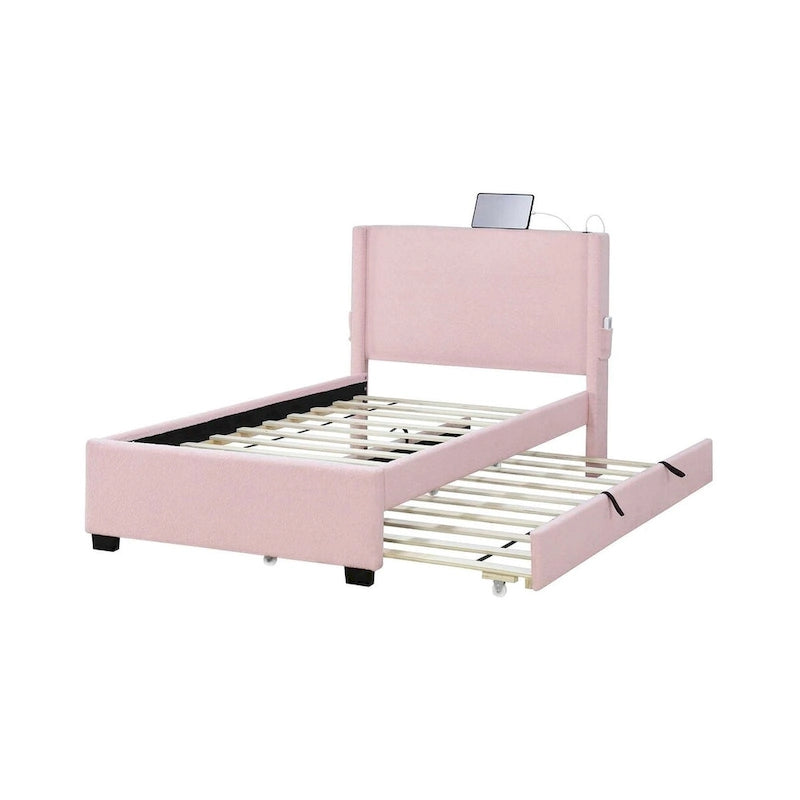 Twin Size Bed Frame With Trundle Bed, Teddy Fabric, Usb Functionality, And A Pocket Design On The Side Of The Headboard