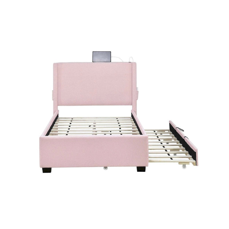 Twin Size Bed Frame With Trundle Bed, Teddy Fabric, Usb Functionality, And A Pocket Design On The Side Of The Headboard