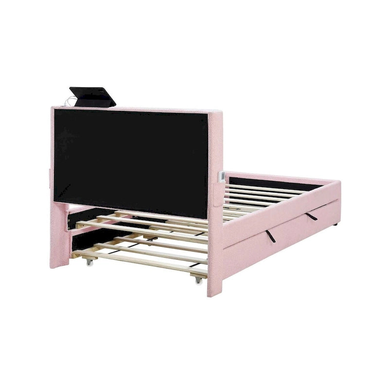 Cadre de lit 1 place avec lit gigogne, tissu teddy, fonctionnalité USB et poche latérale sur la tête de lit