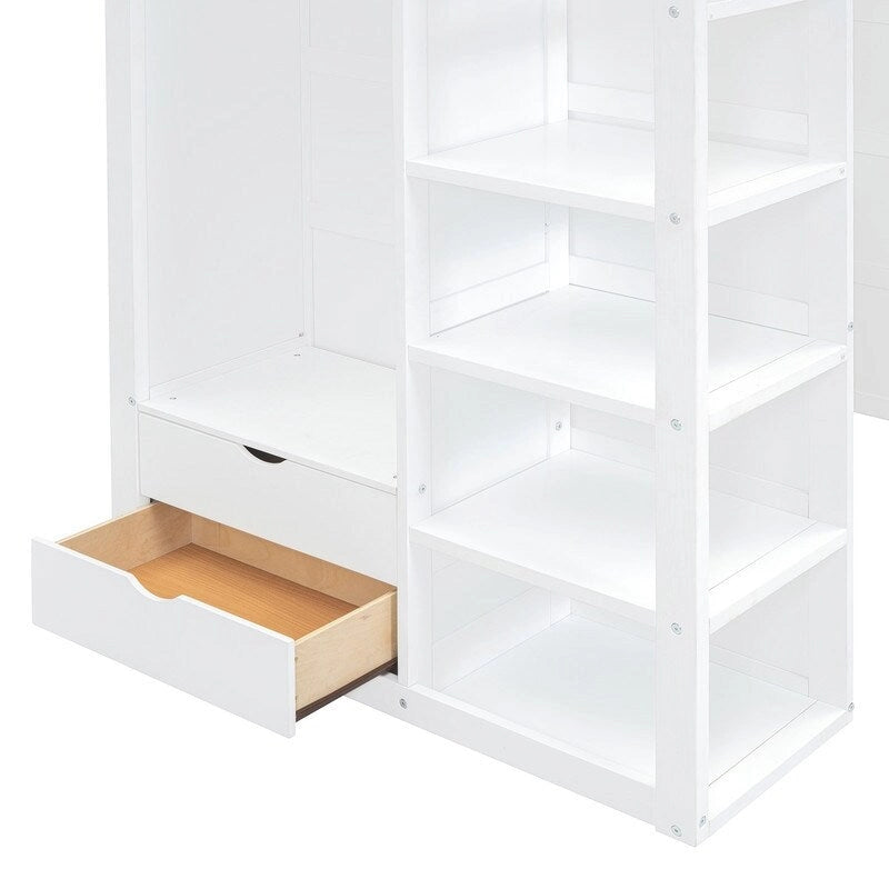 Twin Size Loft Bed with Desk, Wardrobes, 4 Drawers and 4 Shelves