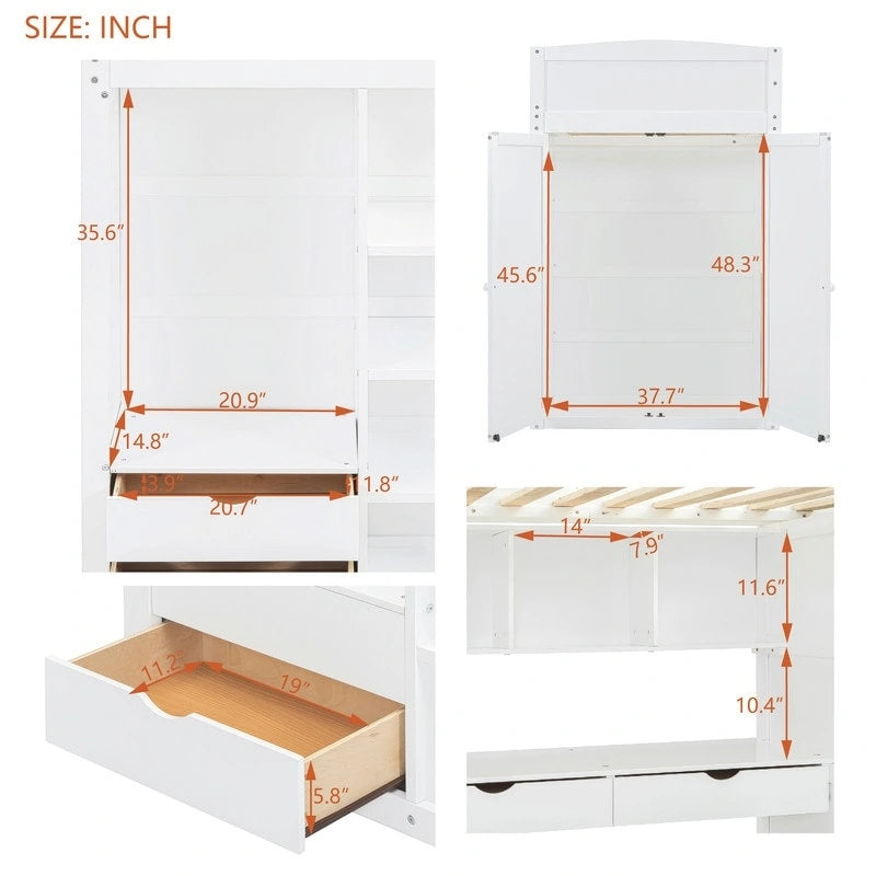 Twin Size Loft Bed with Desk, Wardrobes, 4 Drawers and 4 Shelves
