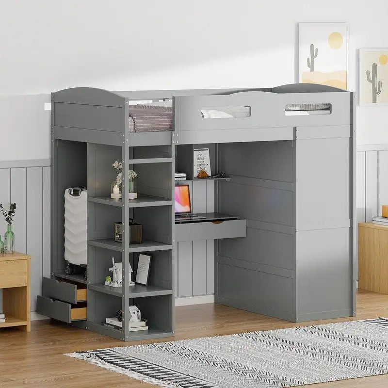 Twin Size Loft Bed with Desk, Wardrobes, 4 Drawers and 4 Shelves