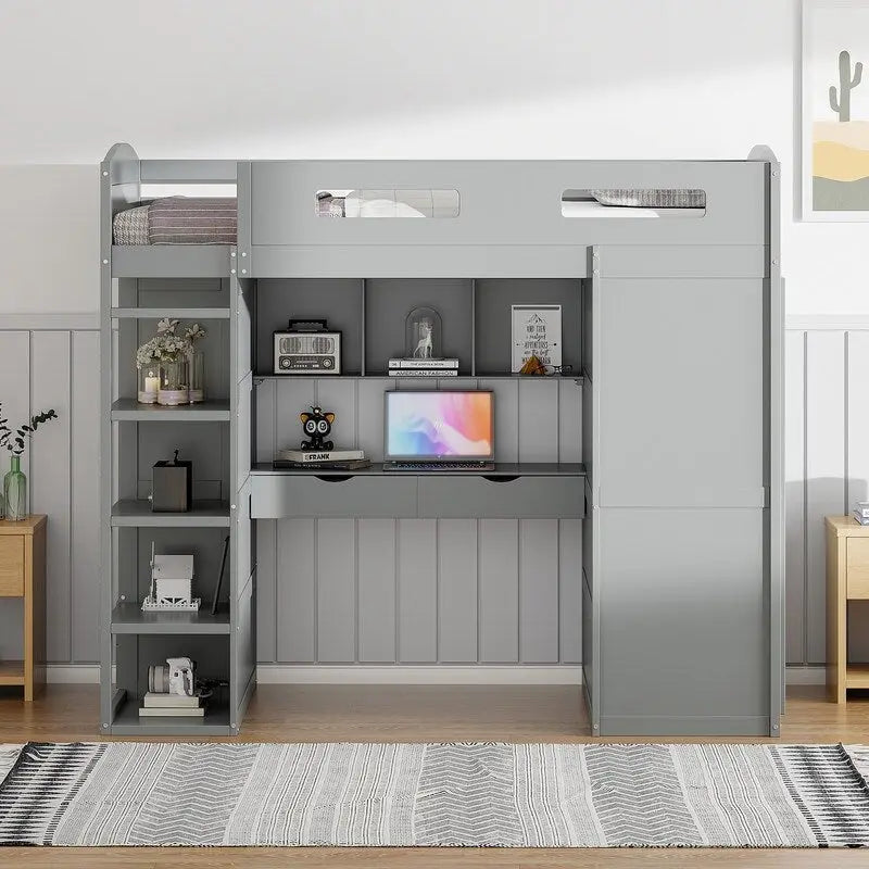 Twin Size Loft Bed with Desk, Wardrobes, 4 Drawers and 4 Shelves
