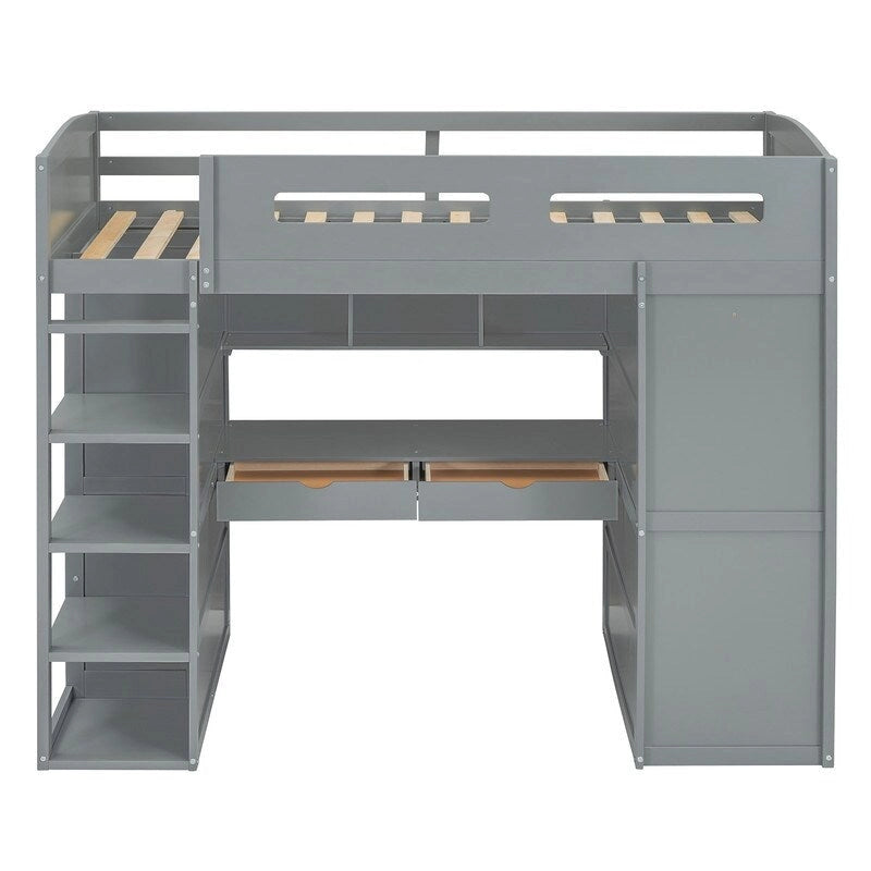 Twin Size Loft Bed with Desk, Wardrobes, 4 Drawers and 4 Shelves